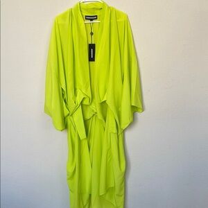 cinq a sept Neon Lime Draped Kimono Coat with Self-Tie Waist
